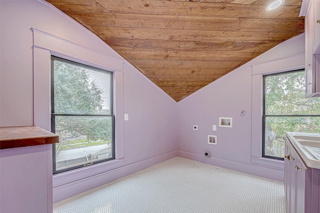 laundry room with hookup for a washing machine, hookup for an electric dryer, and wood ceiling