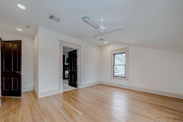 bonus room featuring ceiling fan, lofted ceiling, and light hardwood / wood-style floors