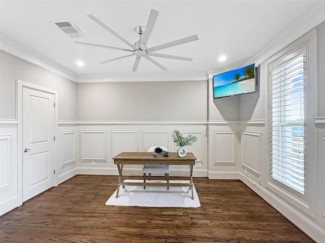 office space with ceiling fan, ornamental molding, and dark hardwood / wood-style flooring