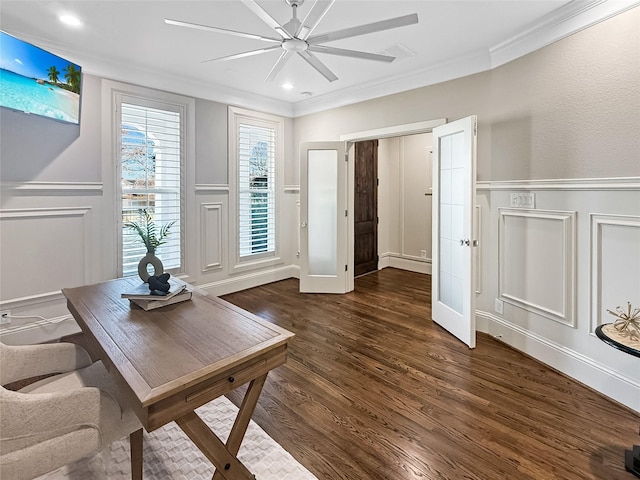 home office featuring ceiling fan, french doors, dark hardwood / wood-style flooring, and ornamental molding