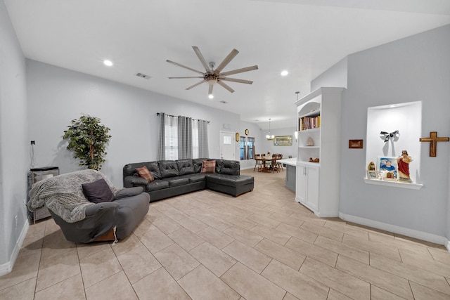 living room with ceiling fan