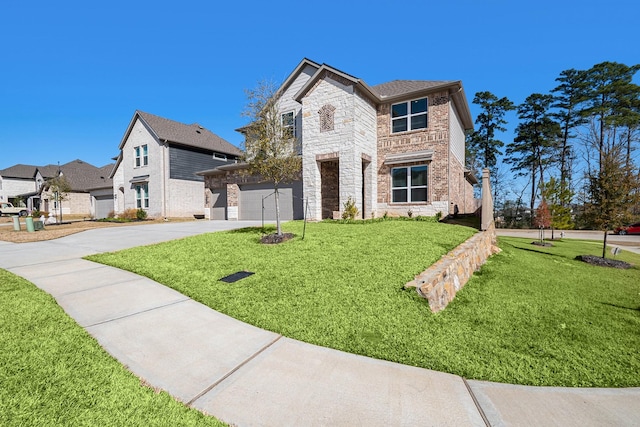 view of front facade with brick siding, a front lawn, concrete driveway, a garage, and stone siding