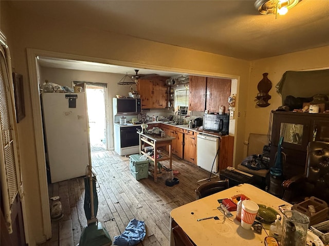 kitchen featuring hardwood / wood-style flooring, sink, and white appliances