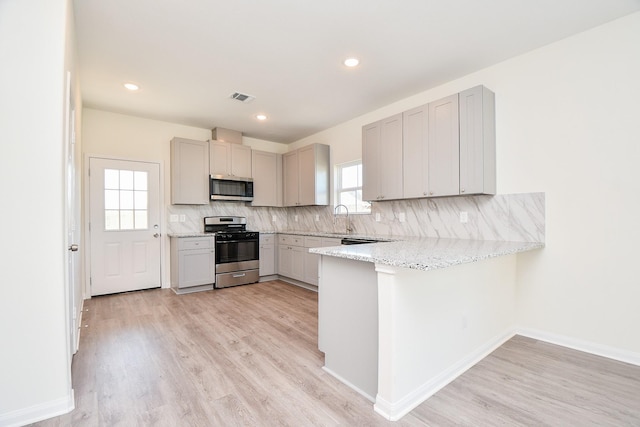 kitchen featuring sink, decorative backsplash, kitchen peninsula, stainless steel appliances, and light wood-type flooring