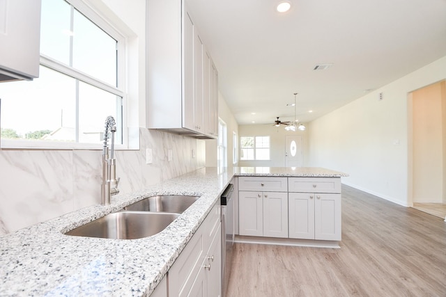 kitchen featuring sink, kitchen peninsula, and white cabinets