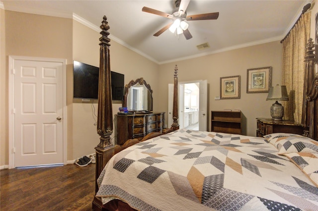 bedroom featuring dark wood-type flooring, ceiling fan, and crown molding