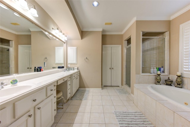 bathroom with ornamental molding, vanity, tile patterned floors, and plus walk in shower