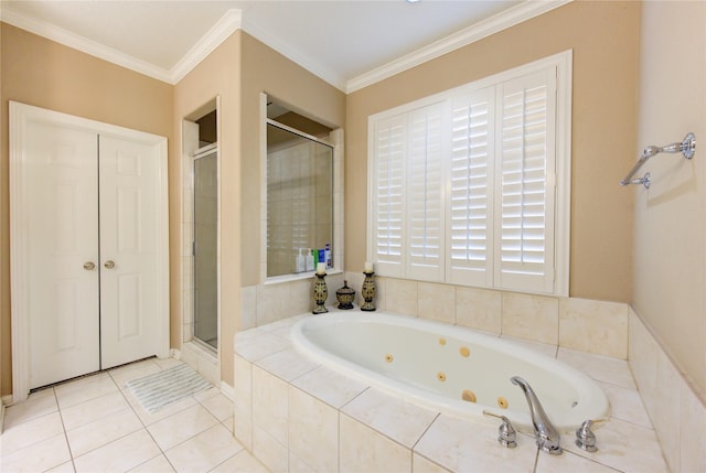 bathroom with crown molding, tile patterned floors, and plus walk in shower