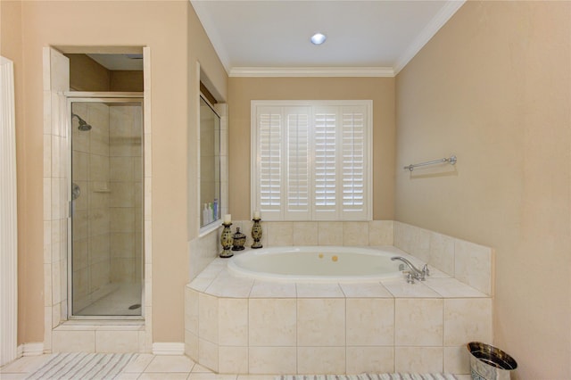 bathroom featuring tile patterned flooring, ornamental molding, and plus walk in shower