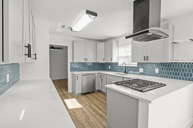 kitchen with sink, light stone counters, island range hood, appliances with stainless steel finishes, and kitchen peninsula