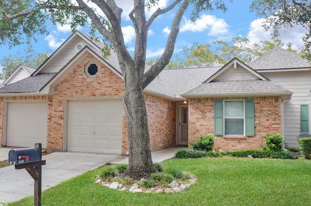 single story home with a garage and a front lawn