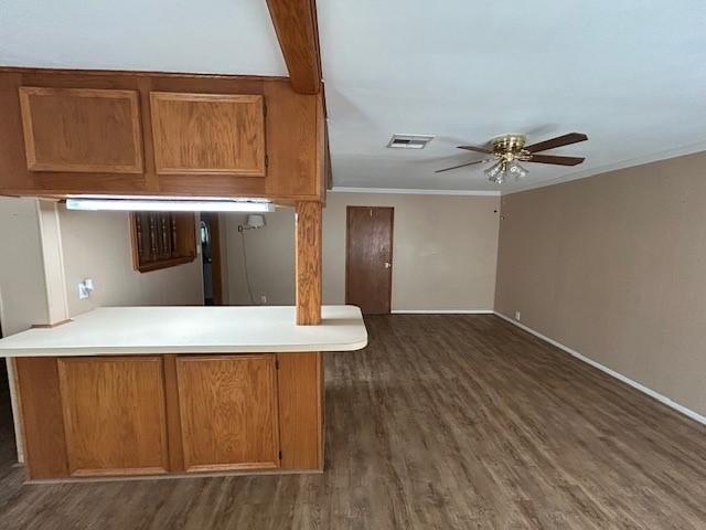 kitchen with ceiling fan, ornamental molding, dark hardwood / wood-style floors, and kitchen peninsula