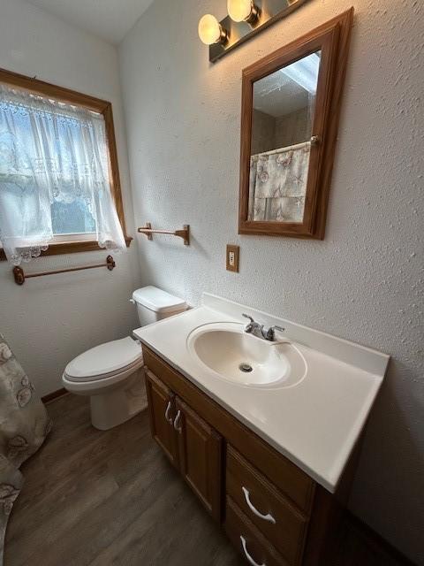 bathroom featuring wood-type flooring, toilet, and vanity