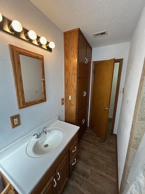 bathroom with vanity, wood-type flooring, and a textured ceiling