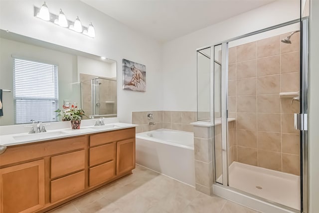 bathroom featuring vanity, tile patterned floors, and independent shower and bath