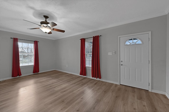 entryway featuring crown molding, light hardwood / wood-style floors, and a textured ceiling