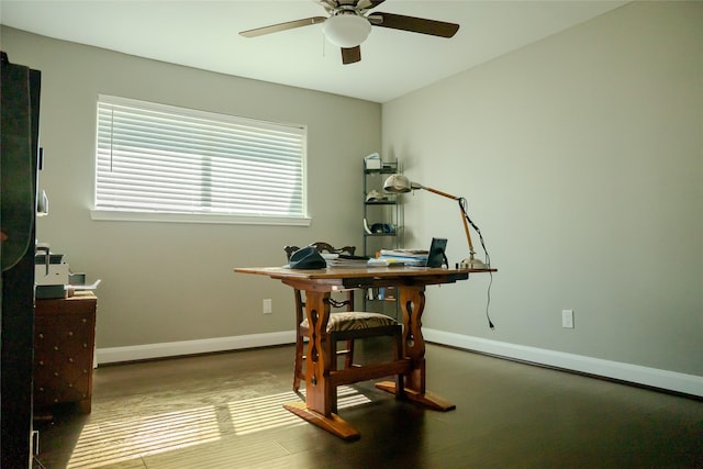 home office with ceiling fan, a healthy amount of sunlight, and hardwood / wood-style floors