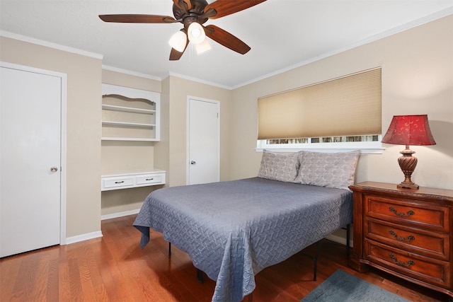 bedroom with crown molding, wood-type flooring, and ceiling fan