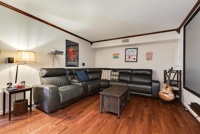 living room with ornamental molding and dark wood-type flooring