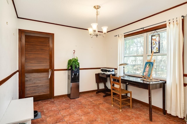 office space featuring a notable chandelier