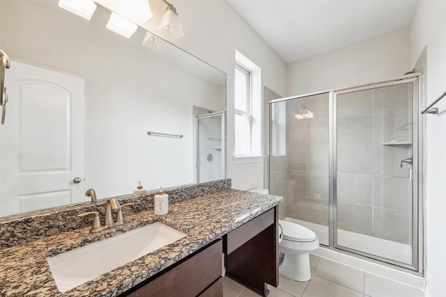 bathroom featuring vanity, toilet, tile patterned flooring, and a shower with door