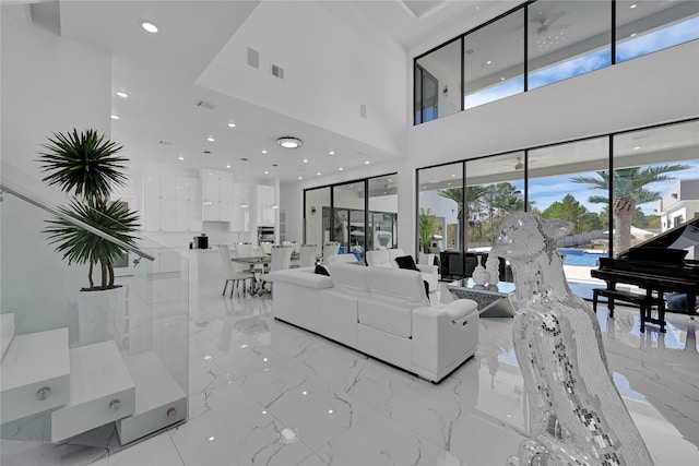 living room with a healthy amount of sunlight and a high ceiling