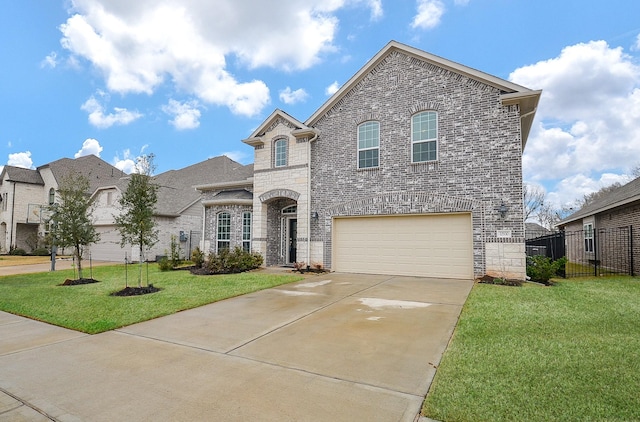 view of front of house featuring an attached garage, stone siding, a front lawn, and brick siding