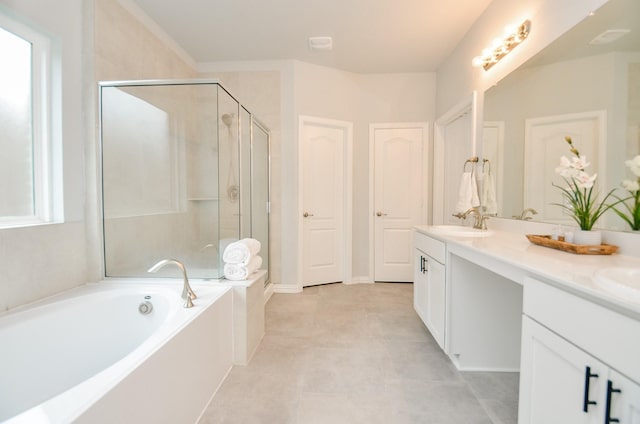 bathroom with vanity, separate shower and tub, and tile patterned flooring