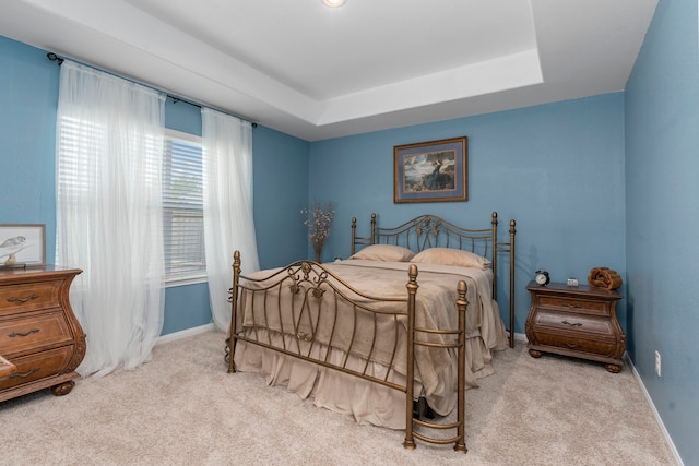 bedroom featuring a raised ceiling and light carpet