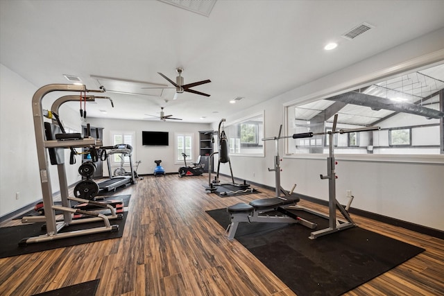 exercise room with hardwood / wood-style flooring, plenty of natural light, and ceiling fan