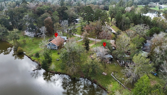 drone / aerial view with a water view