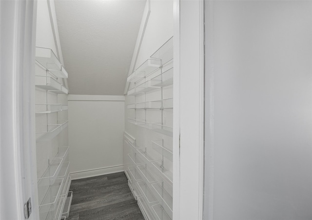 walk in closet featuring dark hardwood / wood-style floors and vaulted ceiling