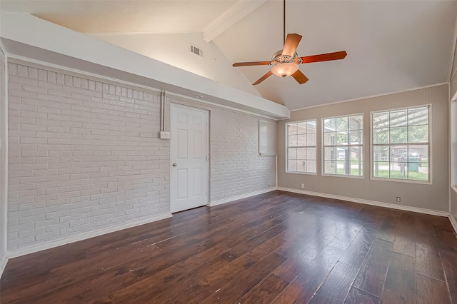 unfurnished room featuring ceiling fan, high vaulted ceiling, dark hardwood / wood-style floors, brick wall, and beamed ceiling