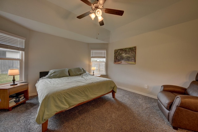 bedroom with lofted ceiling, carpet floors, and ceiling fan