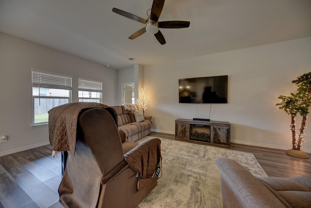 living room with ceiling fan and wood-type flooring