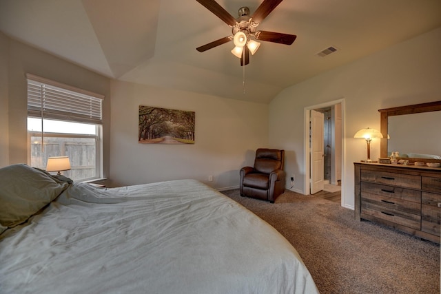 bedroom featuring ceiling fan, vaulted ceiling, and carpet