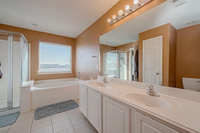 bathroom with vanity, separate shower and tub, and tile patterned floors