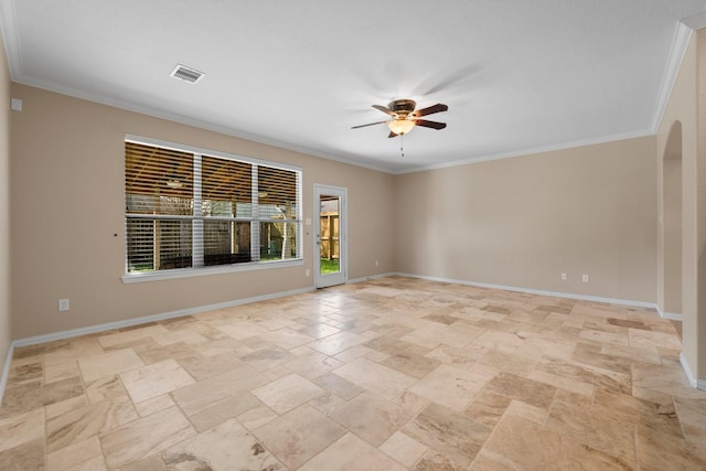 unfurnished room featuring crown molding and ceiling fan