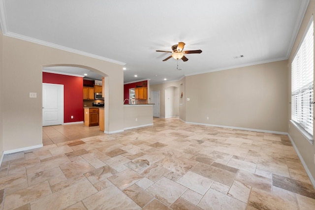 unfurnished living room featuring crown molding and ceiling fan