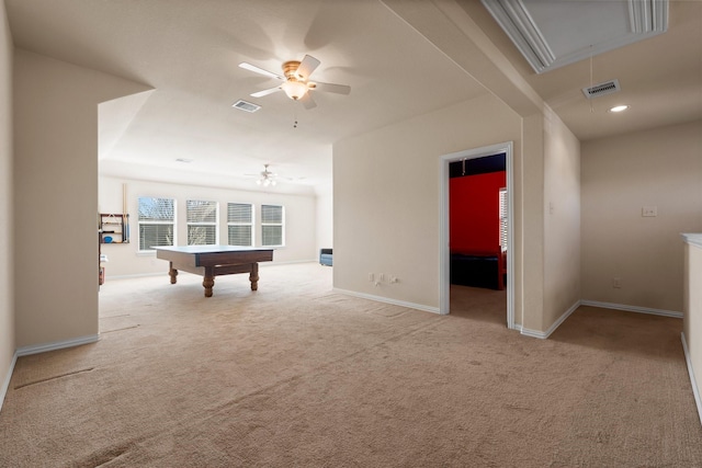 playroom with light carpet, billiards, and ceiling fan