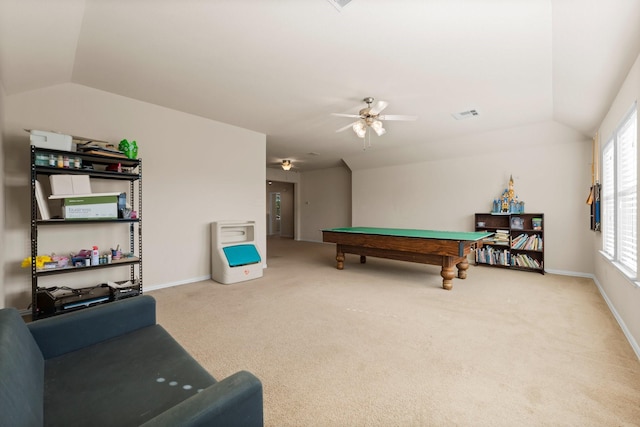 playroom featuring carpet floors, vaulted ceiling, and a healthy amount of sunlight