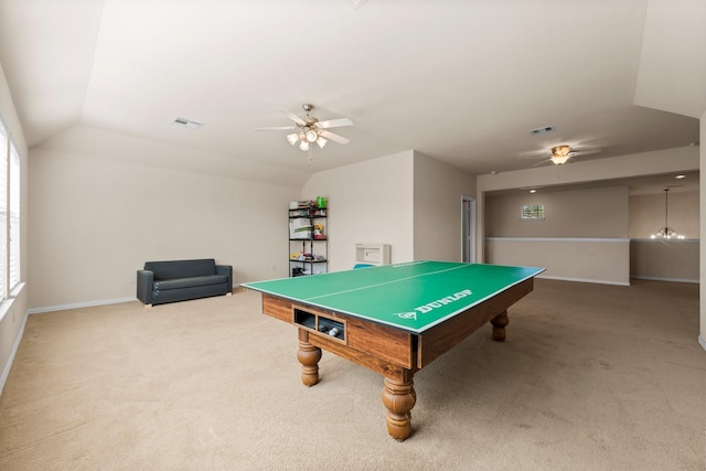 playroom featuring ceiling fan, carpet flooring, and vaulted ceiling