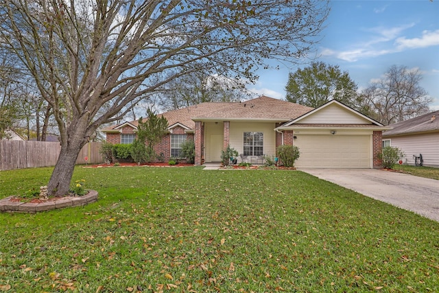 single story home with a garage and a front yard