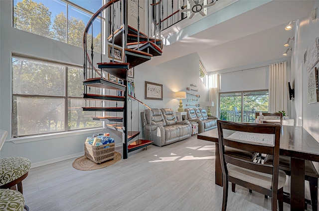 interior space featuring a high ceiling, a healthy amount of sunlight, and hardwood / wood-style floors