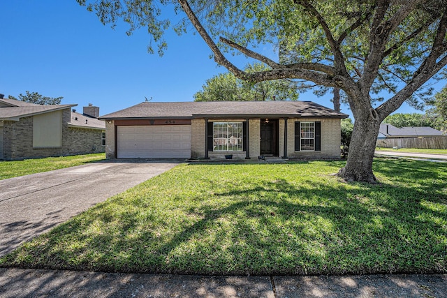 single story home with a garage and a front lawn