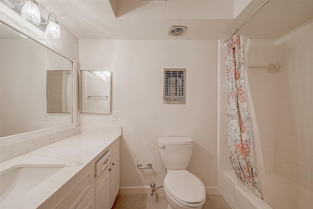 full bathroom featuring vanity, shower / bath combination with curtain, a textured ceiling, tile patterned floors, and toilet