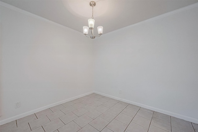 unfurnished room featuring ornamental molding, light tile patterned floors, and a notable chandelier