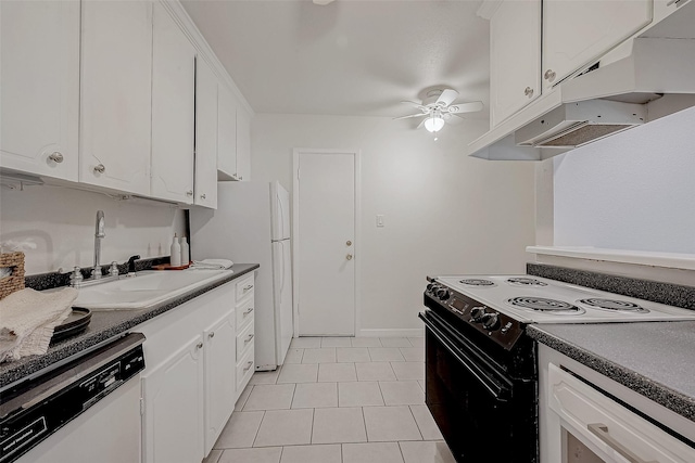 kitchen with ceiling fan, sink, white cabinets, and white appliances