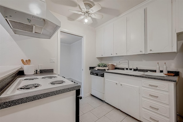 kitchen with ventilation hood, sink, white cabinets, light tile patterned floors, and white dishwasher