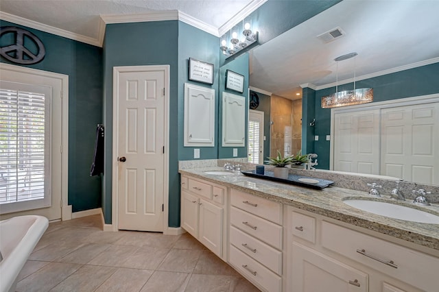 full bathroom with a soaking tub, visible vents, a sink, and ornamental molding